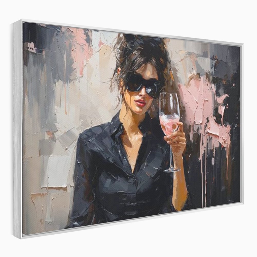 Tablou canvas cu tablou canvas cu femeie si pahar de vin, in rama de aluminiu argintiu